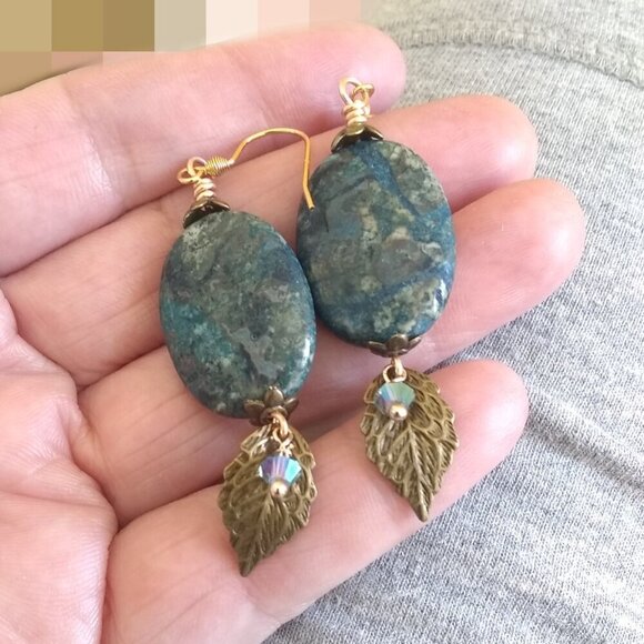 Unique Crazy Lace Agate Earrings - Blue Gray & Black - Mixed Metals Hardware - Picture 2 of 7